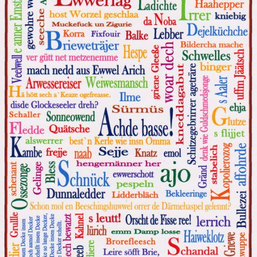 Bild zeigt das zweite Wittgenstiner Platt Poster mit einer Wort-kollage, bestehend aus verschiedenen Worten in Wittgensteiner Platt.