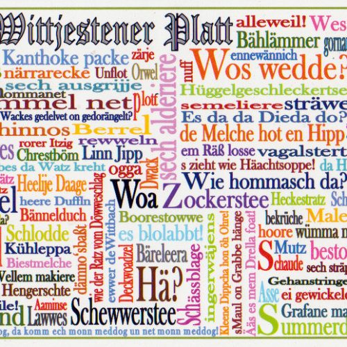 Bild zeigt Postkarte des Wittgenstiner Platt Posters mit einer Wort-kollage, bestehend aus verschiedenen Worten in Wittgensteiner Platt.