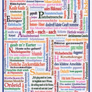 Bild zeigt das Wittgenstiner Platt Poster mit einer Wort-kollage, bestehend aus verschiedenen Worten in Wittgensteiner Platt - ohne den Buchstaben "Ö".